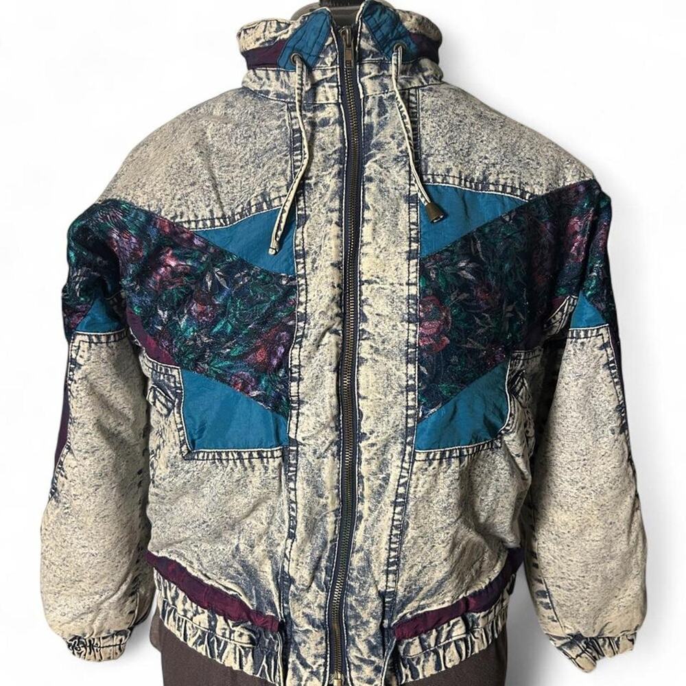 VintageAcid Wash Denim Patchwork Bomber Jacket Floral size 12 track jacket retro